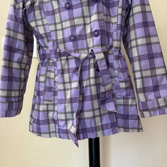 Purple lavender grey plaid belted fitted fleeced lined hooded winter jacket - Picture 6 of 16